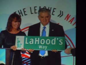 NYC Transportation Commissioner Janette Sadik-Khan presenting Ray LaHood with his own NYC street sign.